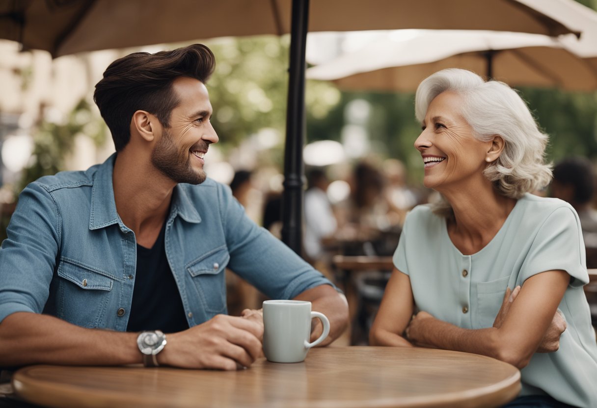 Un jeune homme s'approche avec assurance d'une femme plus âgée dans un charmant café en plein air, engageant une conversation animée tout en souriant et en riant.