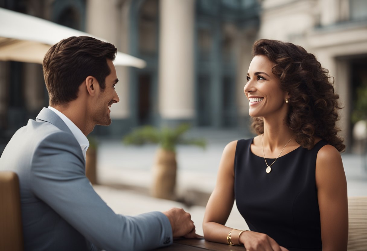 Un jeune homme s'approche avec confiance d'une femme élégante et mature dans un cadre sophistiqué, engageant la conversation avec un sourire charmant.