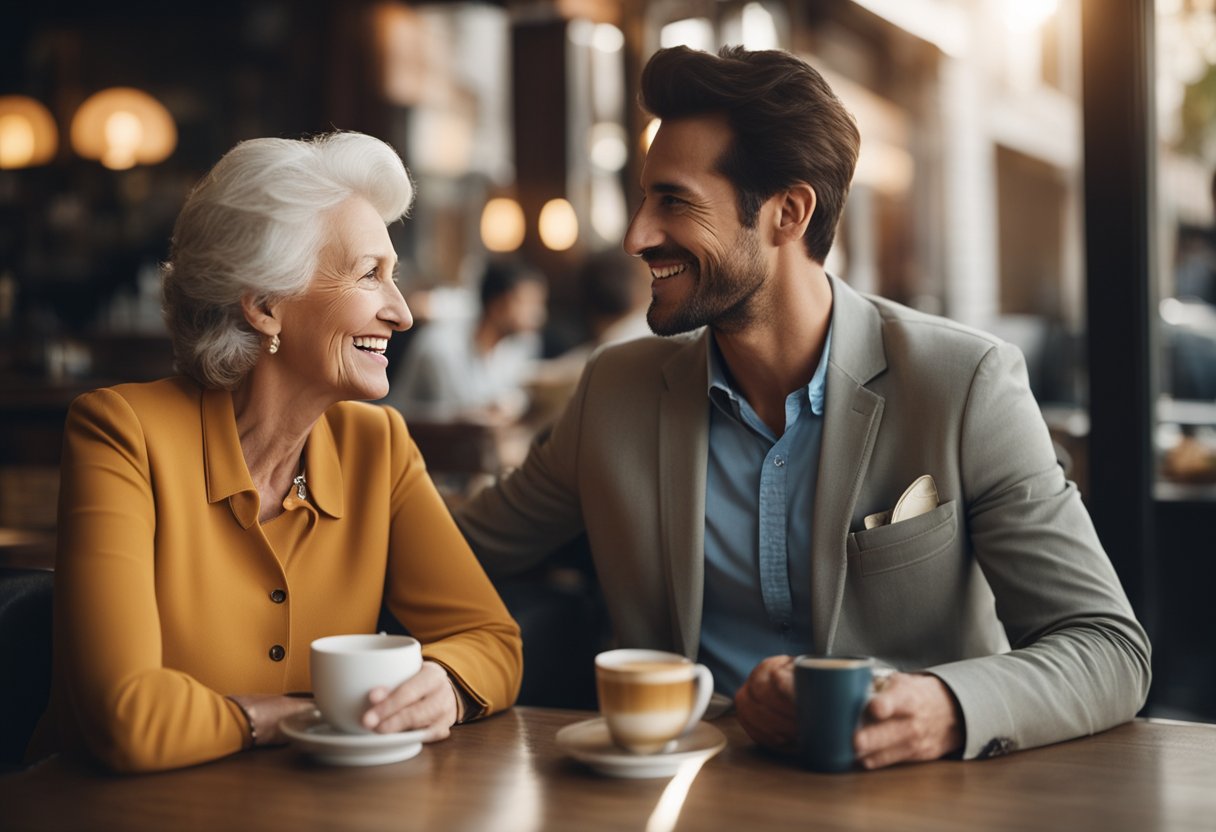 Un jeune homme charment une femme plus âgée dans un café avec un sourire et une conversation engageante.