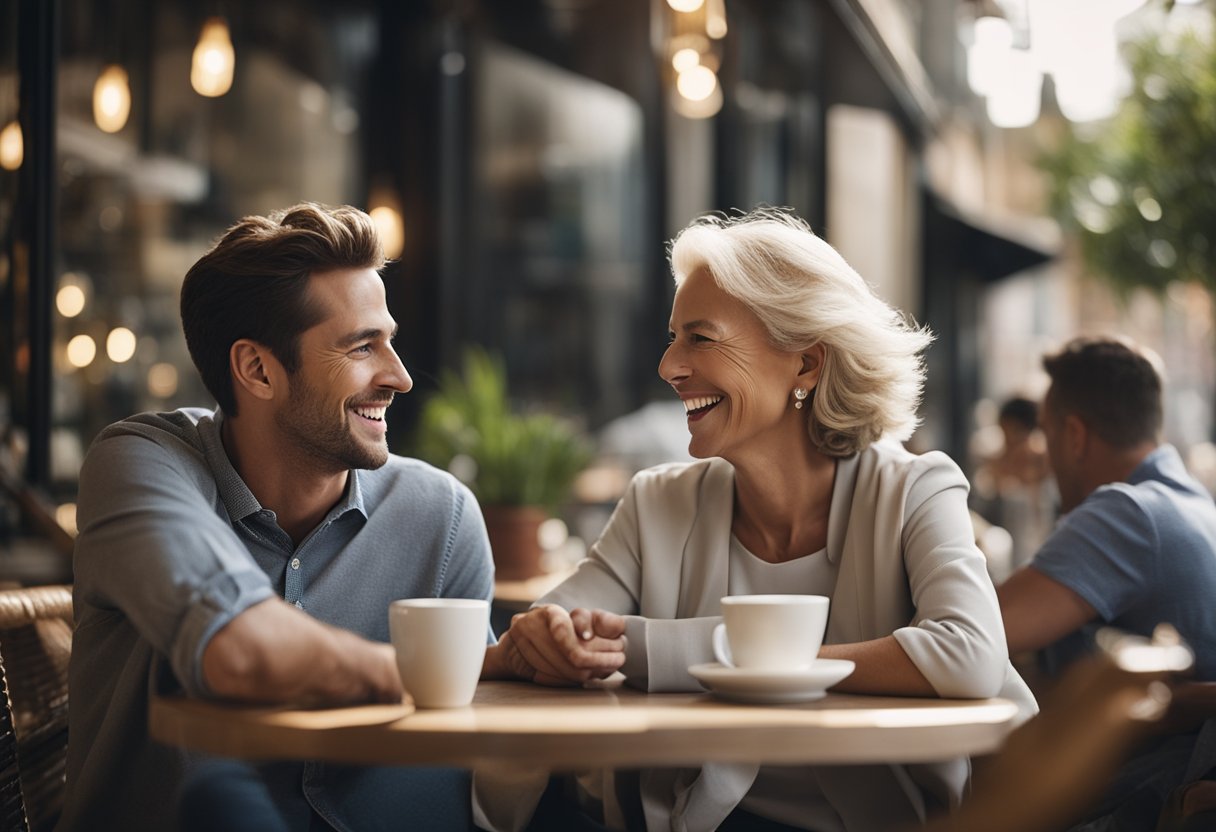 Un jeune homme s'approche avec confiance d'une femme plus âgée dans un café, engageant une conversation animée et partageant des rires.