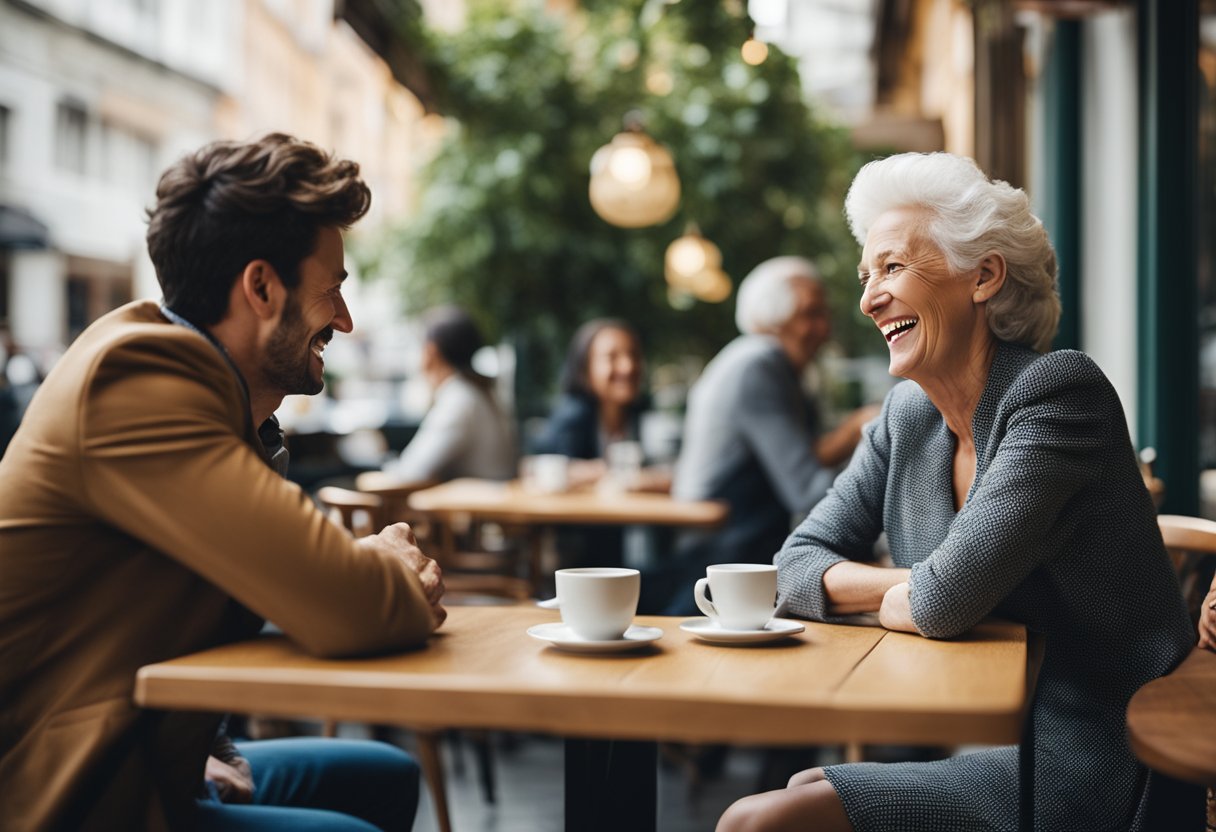 Un jeune homme s'approche avec confiance d'une femme plus âgée dans un café, engageant la conversation et la faisant rire.